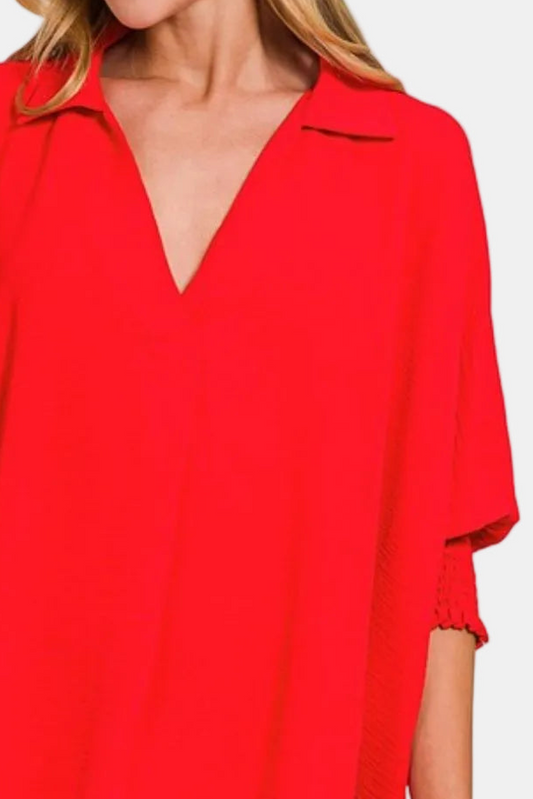 Airflow Collar Tee with Smocked Sleeve Band Top / TOMATO