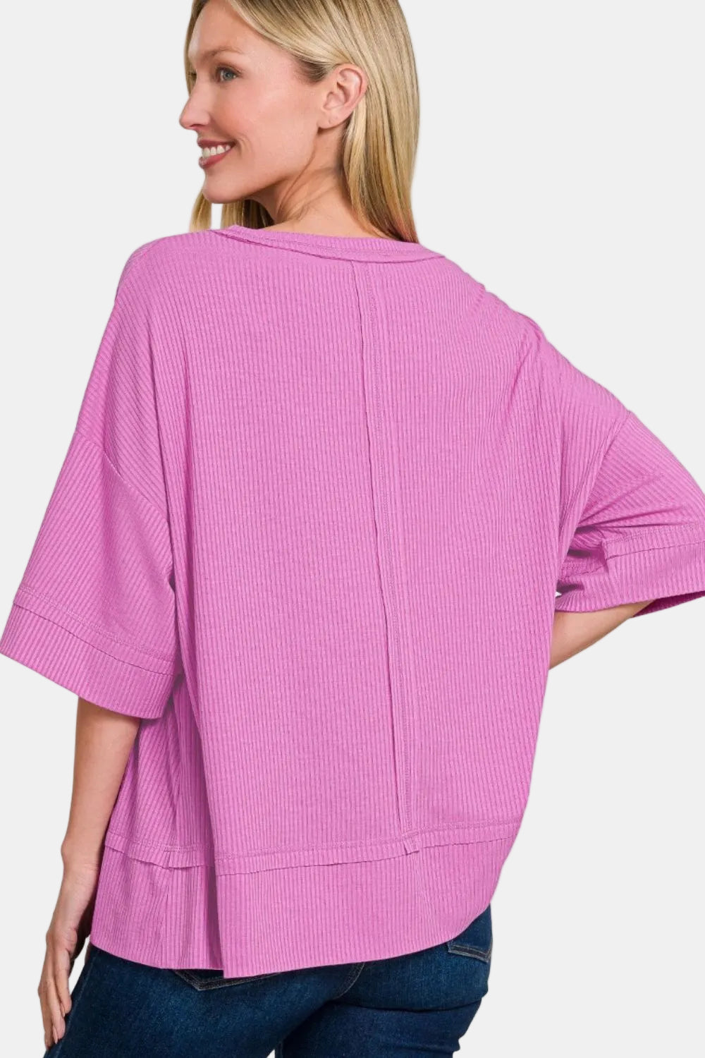 Ribbed Boat Neck 3/4 Sleeve Top / OFF WHITE