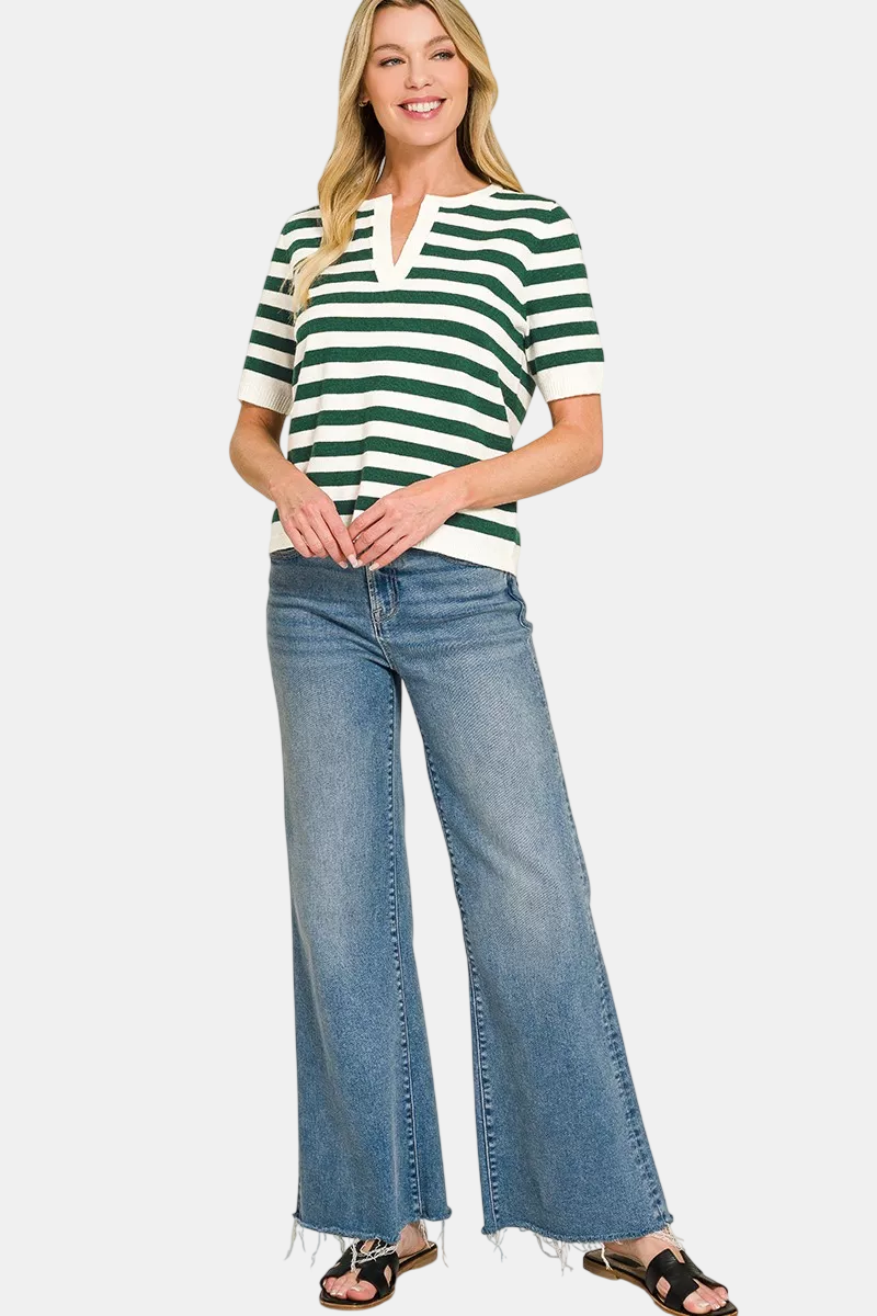 Split Neck Stripe Short Sleeve Sweater / BROWN