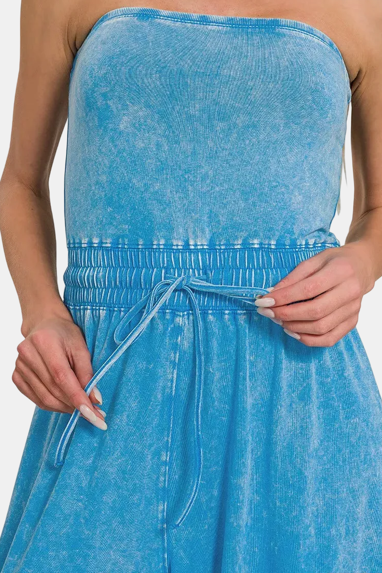 Acid Washed Strapless Tube Top Jumpsuit / DEEP SKY