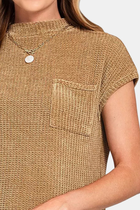 Chenille Waffle Short Sleeve Sweater / DEEP CAMEL