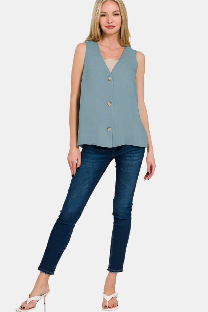 Linen 3 Button Vest / BLACK