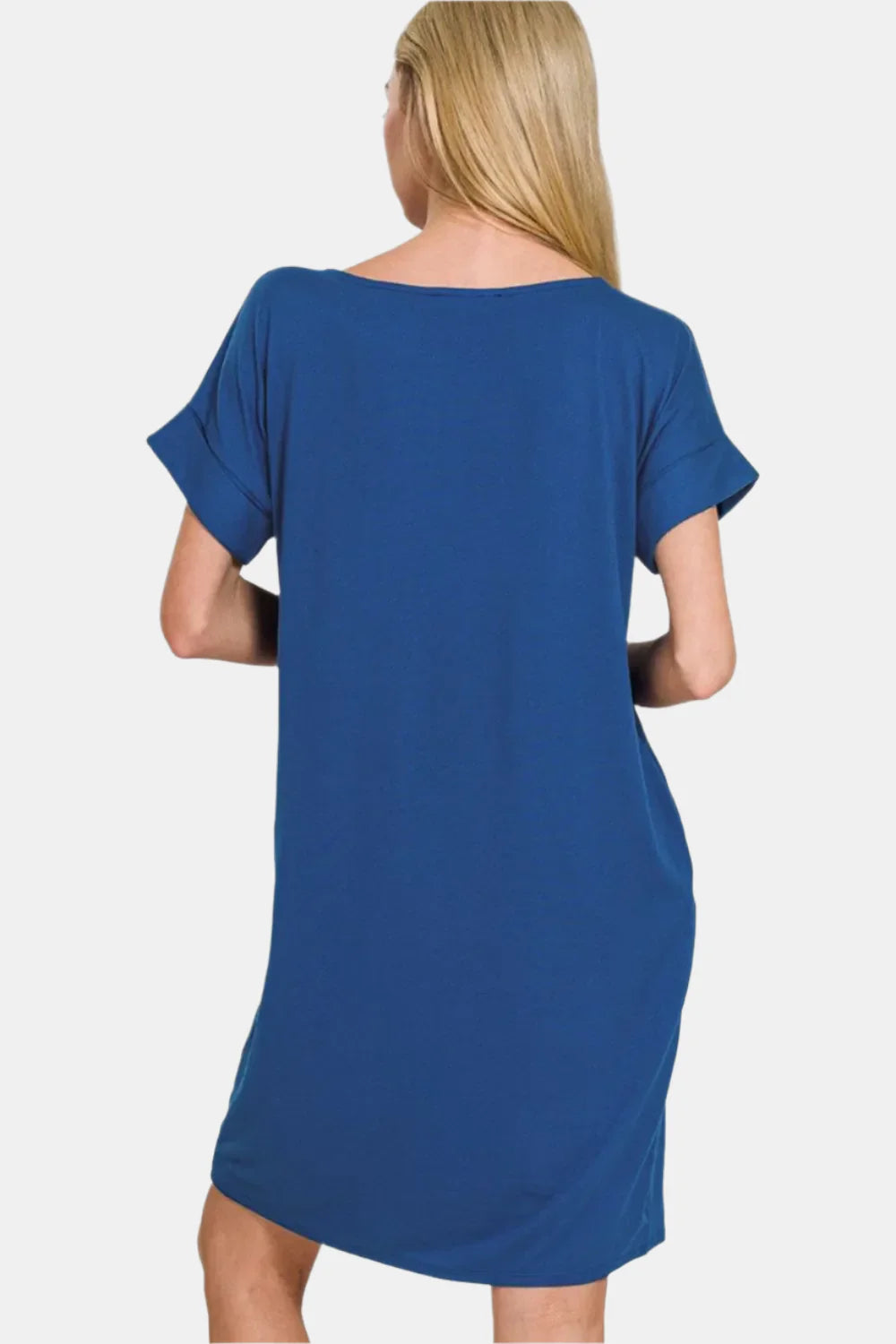 Rolled Short Sleeve Round Neck Dress / BLACK