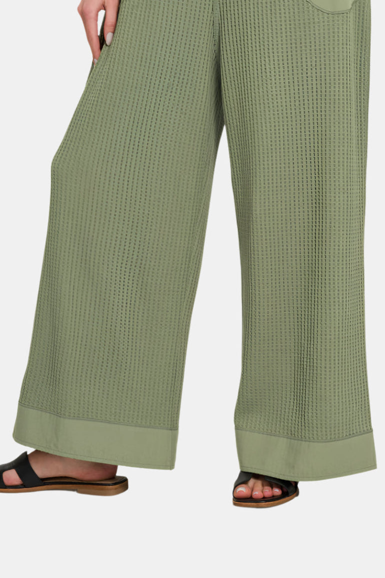 Knit Waffle Wide Leg Overalls / SAND BEIGE