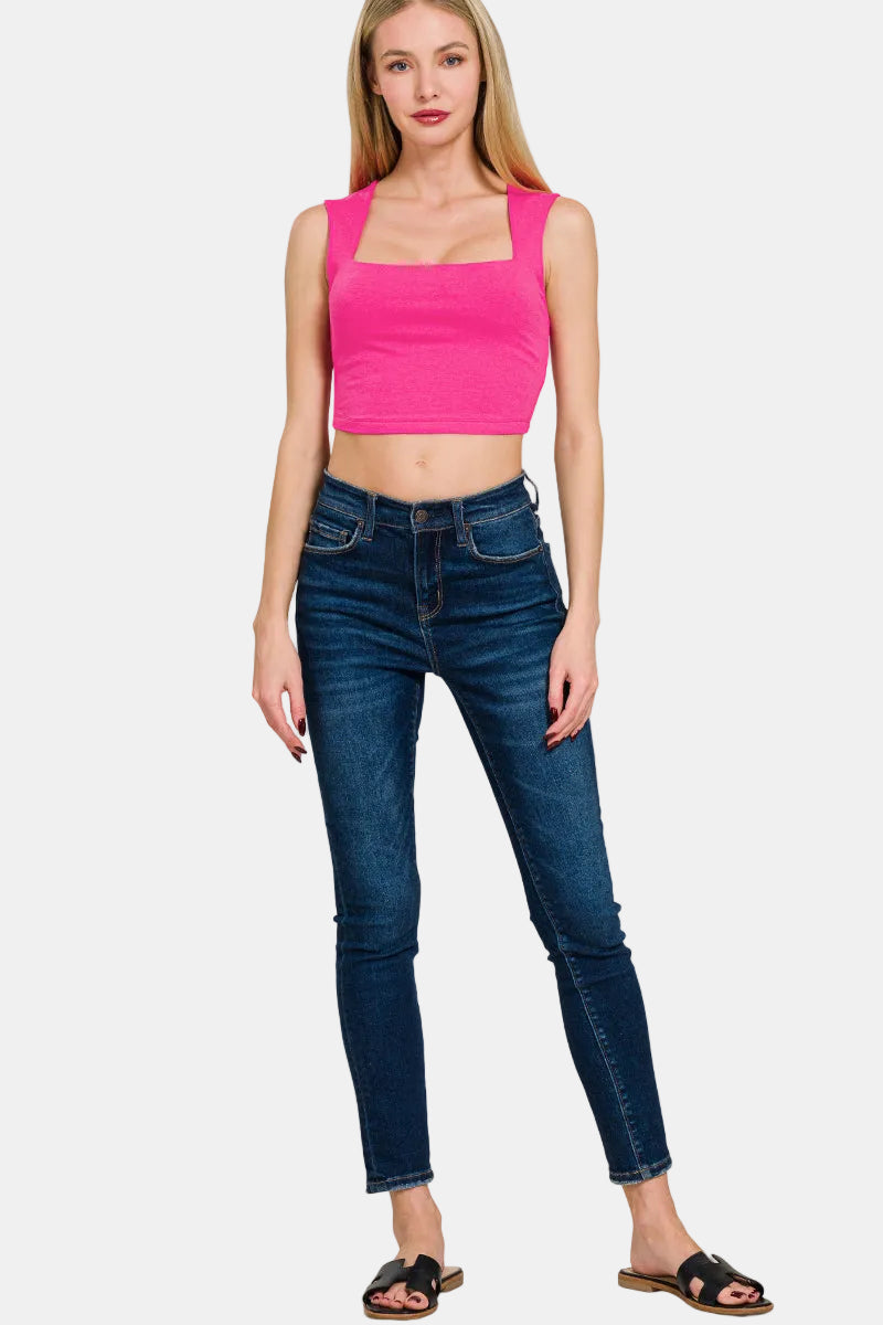 Double Layered Square Neck Cropped Bra Tank Top / DUSTY TEAL