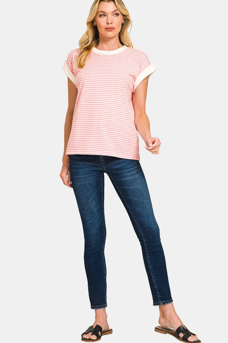 Striped Contrast Trim Top / CORAL