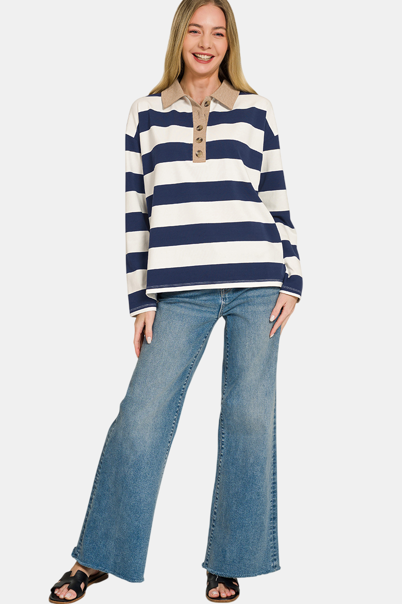 Striped Contrast Collar Polo Tee / LT ORANGE