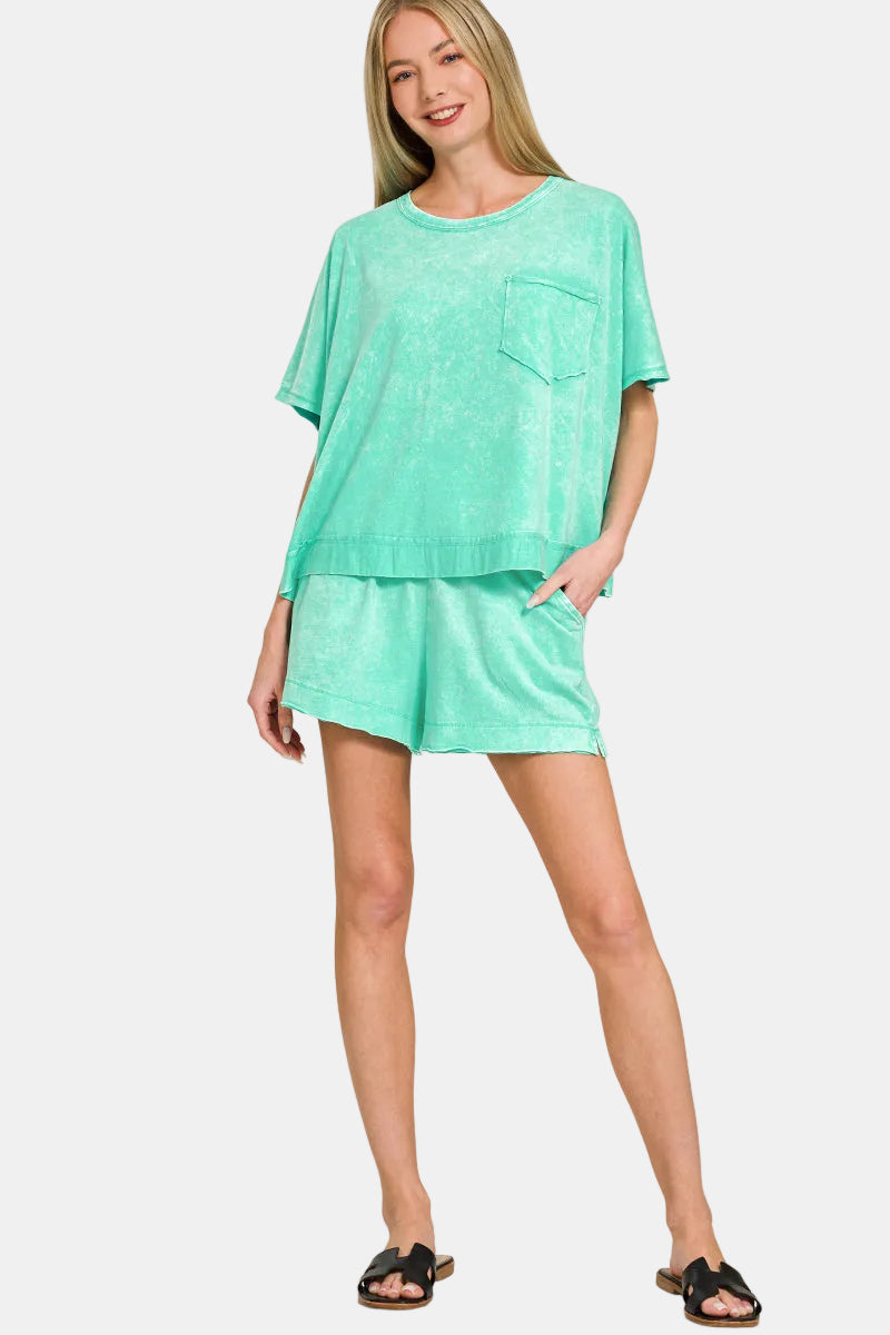 Acid Washed Oversized Top & Shorts Set / FUCHSIA
