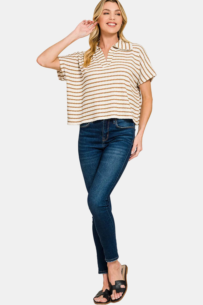 Striped Split Neck Collared Top / BLACK