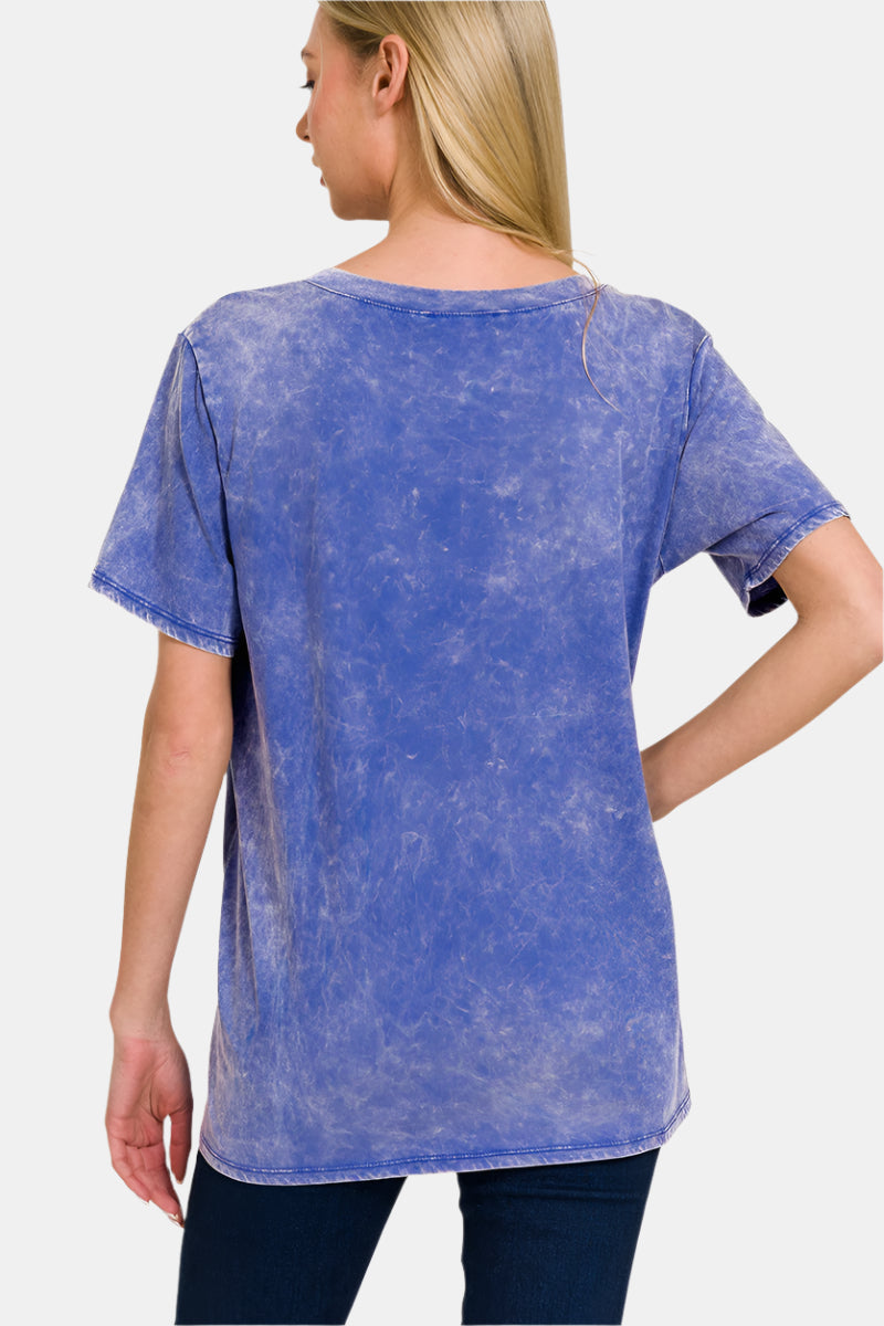 Washed Short Sleeve V-Neck Top / CAMEL