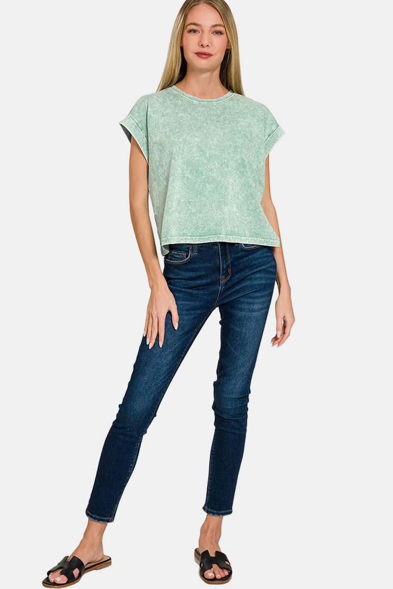 Halo Washed Cotton Cuffed Short Sleeve Top / K GREEN