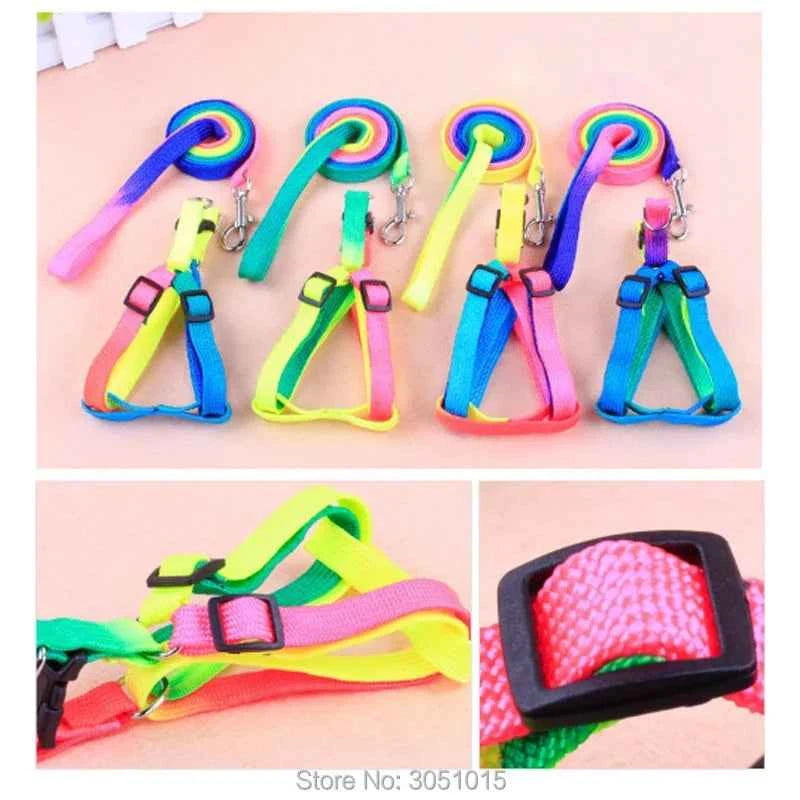20pcs Durable Colorful Rainbow Pet Dog Collar Chest strap Harness Leash Soft Walking Harness Lead Colorful Nylon Traction Rope