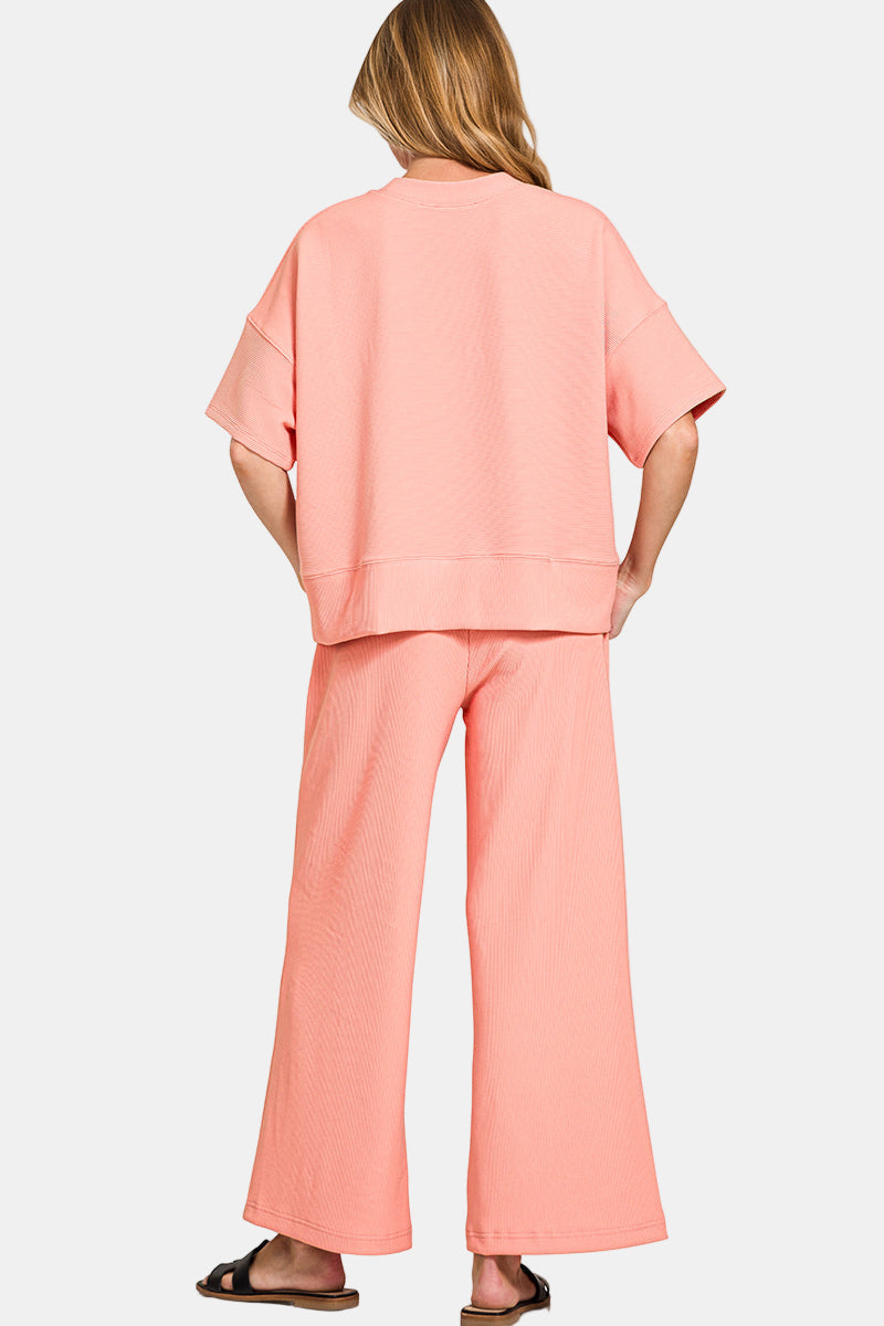 Ribbed Round Neck Tee & Pants Set / BLACK