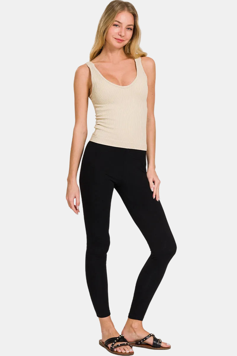 Ribbed Seamless Bra Padded V-Neck Tank Top / WHITE