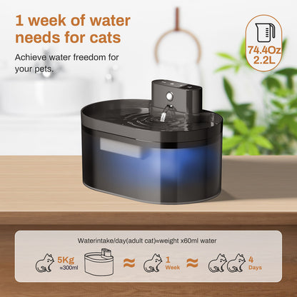2.2L Smart Cat Water Fountain, 120° Motion Sensor, Type-C, 2600mAh Battery, Ultra-Quiet 25dB, BPA-Free, 1-Week Auto Watering - Bdba PK