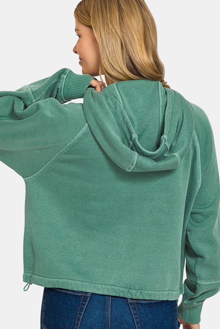 Fleece Pigment Dye Zip Up Hoodie with Pockets / ASH MOCHA