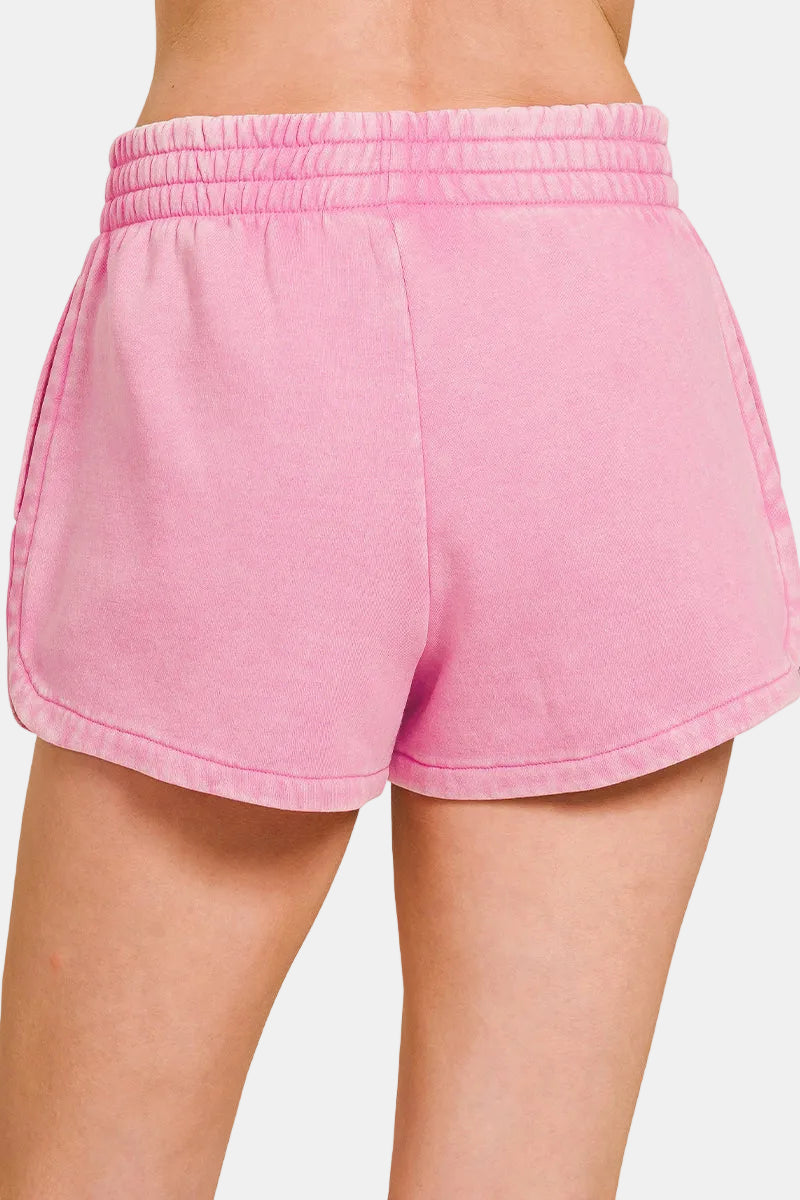 Acid Washed Elastic Waistband Dolphin Shorts / FOREST