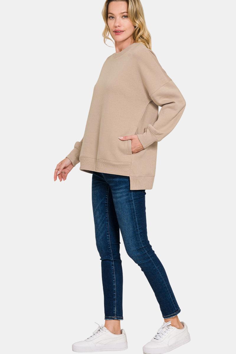 Fleece Hi-Low Boyfriend Sweatshirt with Pockets / FOREST