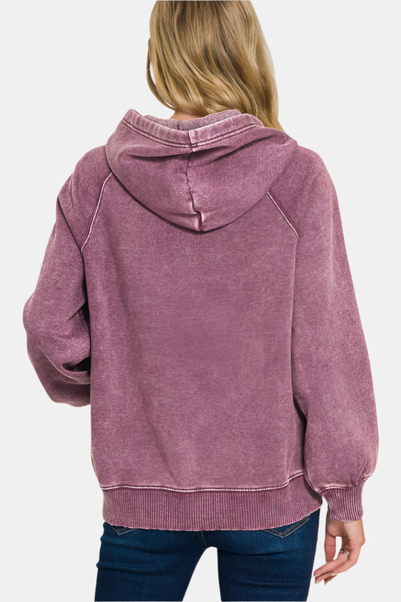 Acid Wash Fleece Hoodie with Pockets / LT PLUM