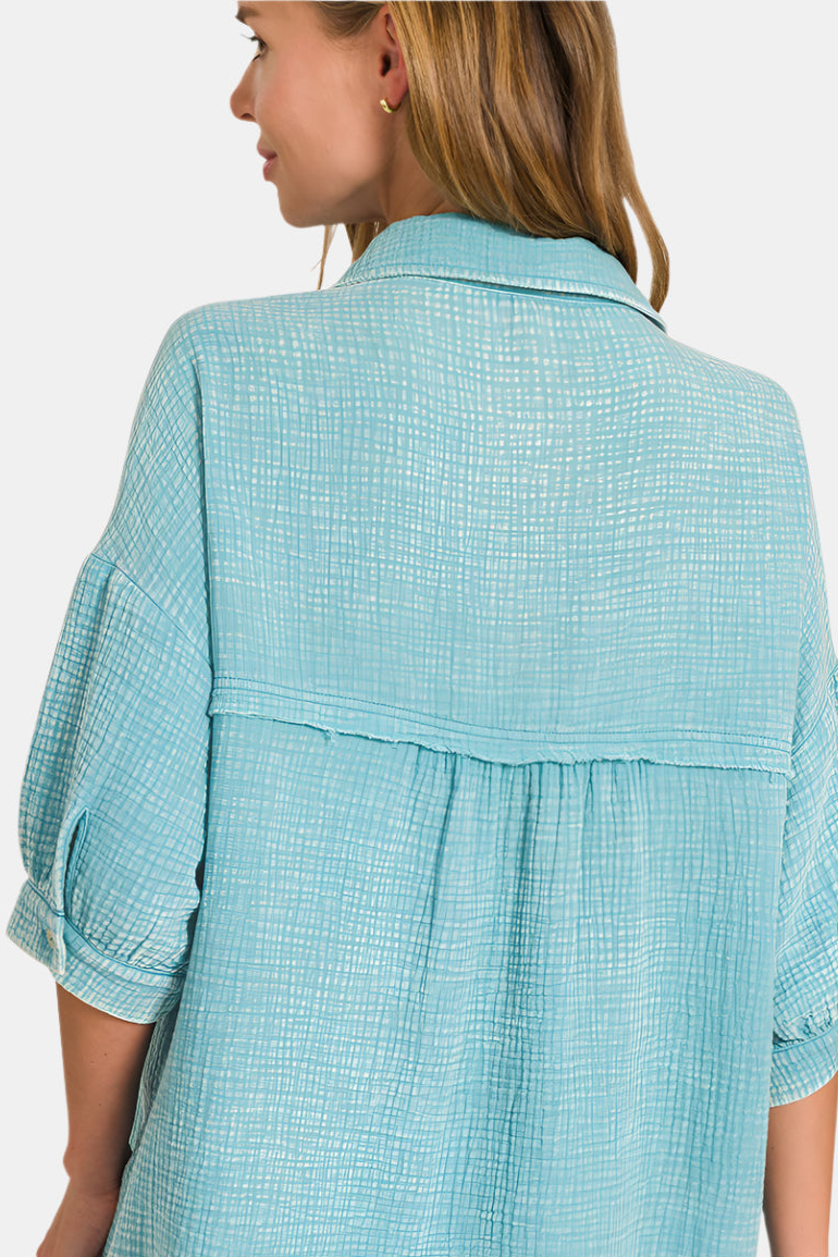 Washed Double Gauze Button Down Shirt Dress / DEEP SKY