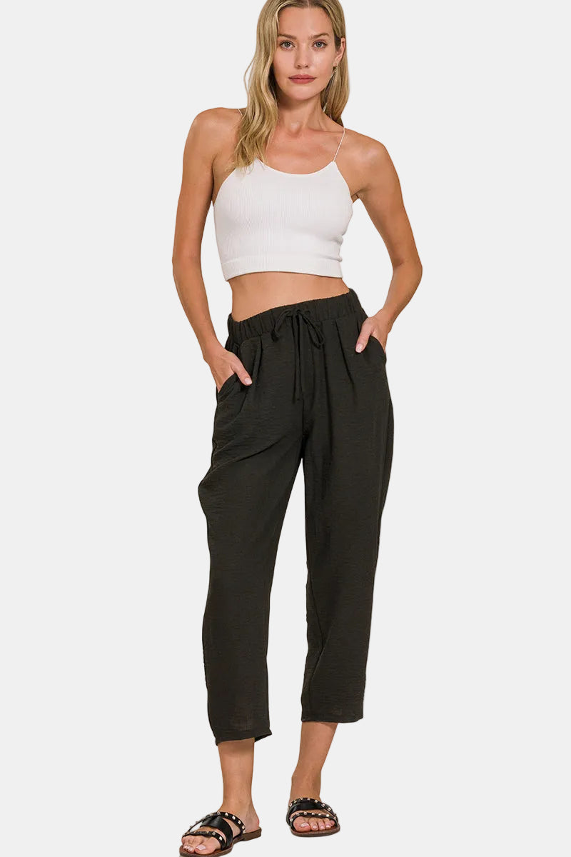 Woven Crepe Drawstring Elasticband Waist Pants / DUSTY BLUE