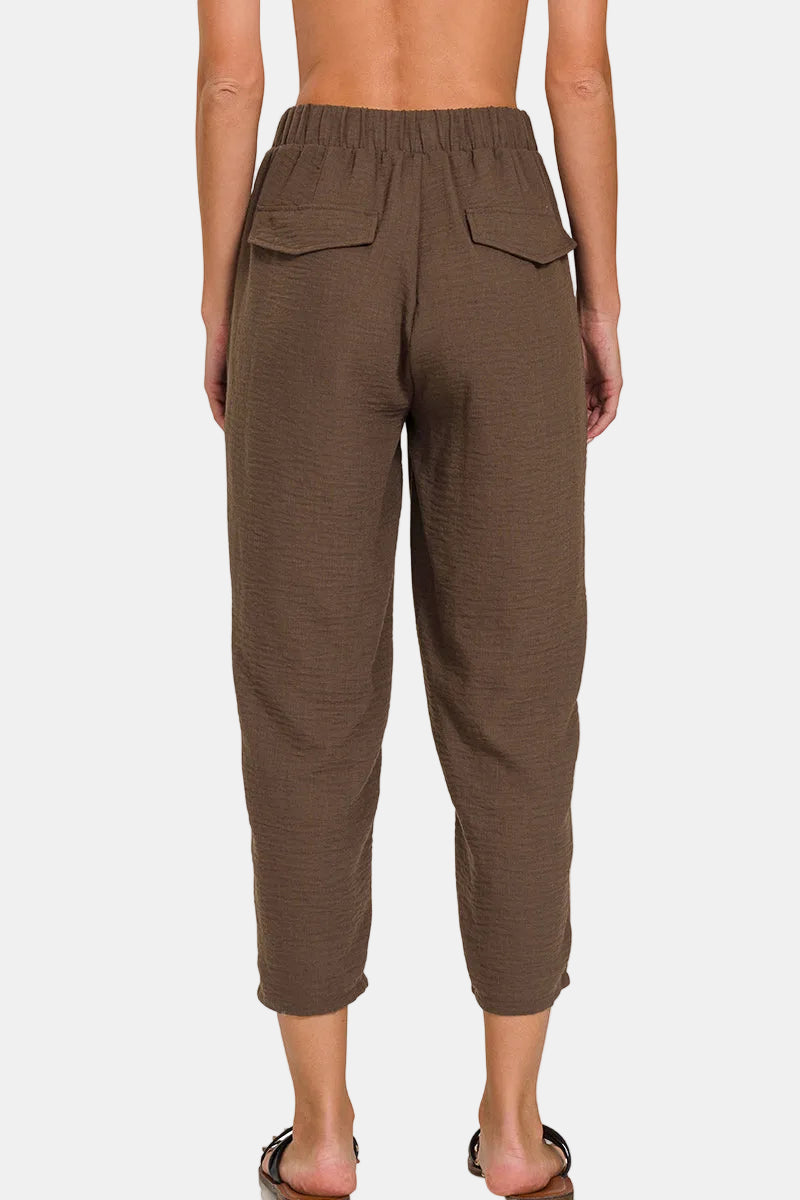 Woven Crepe Drawstring Elasticband Waist Pants / BLACK