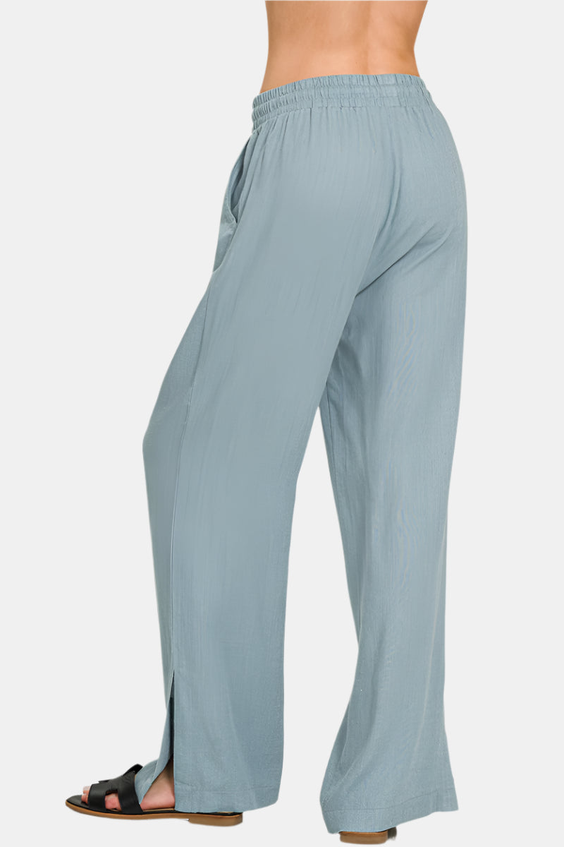 Linen Drawstring Pants With Side Slits / BLUE GREY