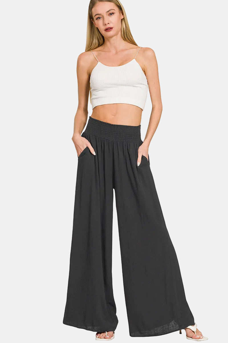 Smocked Waistband Wide Leg Pants / SAND BEIGE