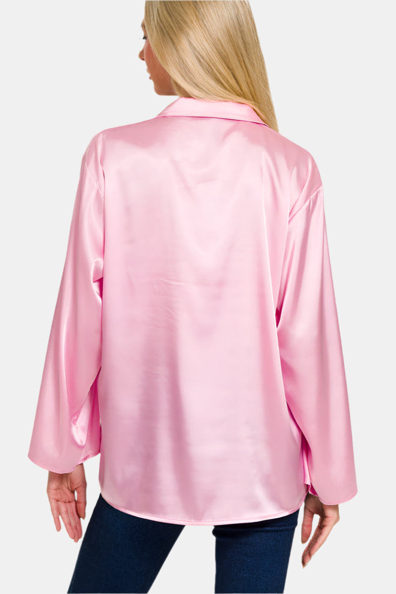 Satin Button Down Shirts / SILVER