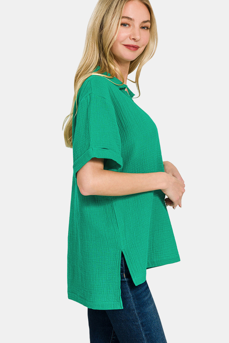 Double Gauze V-Neck Short Sleeve Top / LT TEAL