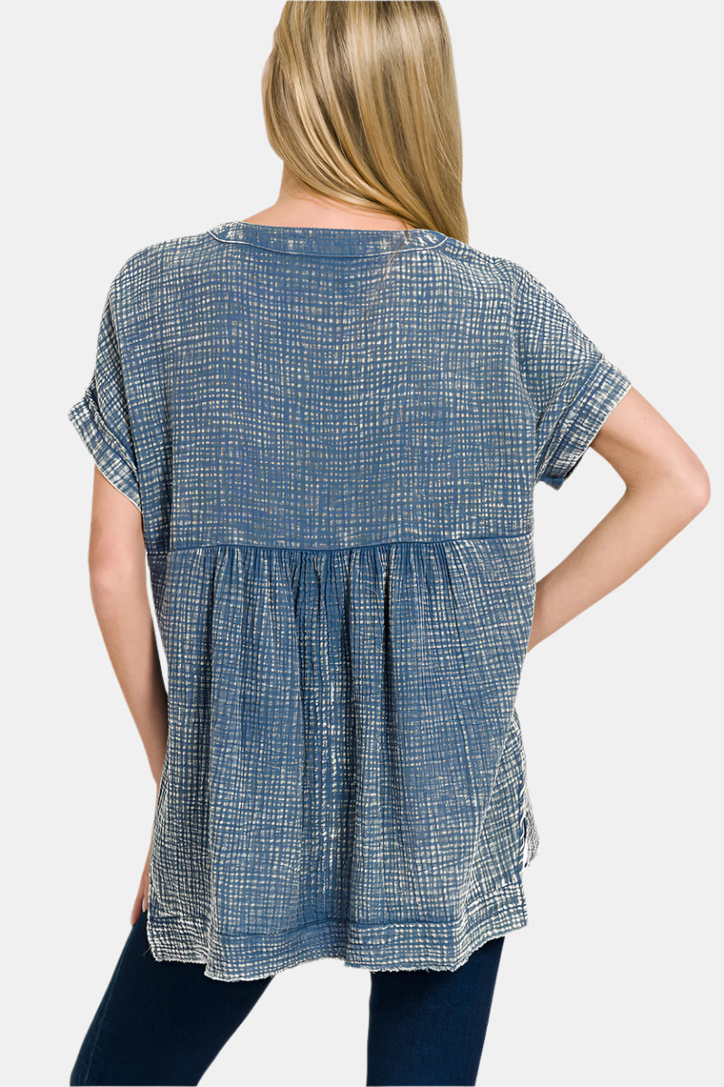 Washed Double Gauze 3/4 Button Henley Neck Shirt / MINT SKY