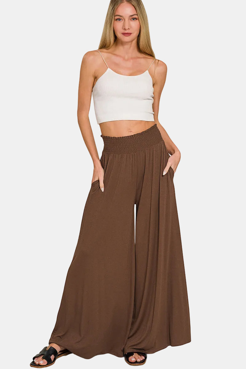 Smocked Waist Wide Leg Palazzo Pants / DK BROWN