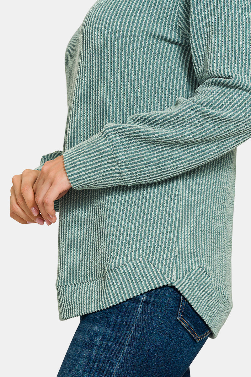Raised Rib Round Neck Long Sleeve Top / BLACK