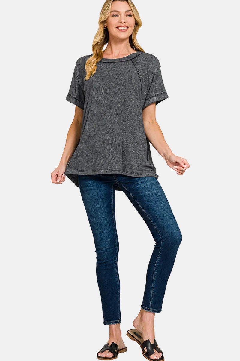 Washed Ribbed Cuffed Short Sleeve Round Neck Top / DEEP SKY