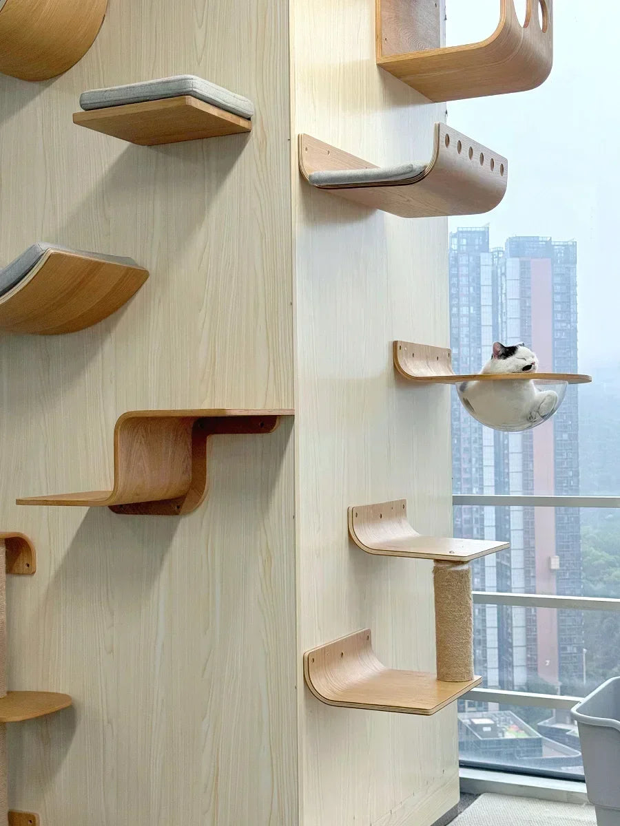 Wooden Cat Climbing Shelves Wall Mounted Cat Tree Sisal Scratching Post Pedal Hammock Indoor Kitten Playground Cats Accessories