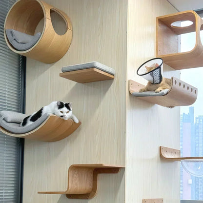 Wooden Cat Climbing Shelves Wall Mounted Cat Tree Sisal Scratching Post Pedal Hammock Indoor Kitten Playground Cats Accessories