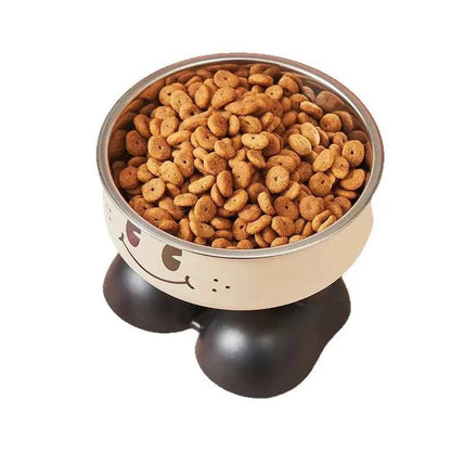 Pet Bowl A smiling face high-legged, fashionable stainless steel large-capacity dog bowl for feeding and water, neck-protectin