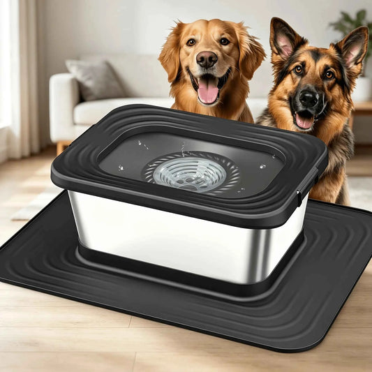 2.64gal Stainless Steel Dog Water Bowl, No Spill Anti-Splash Dog Bowls with XXL Mat, Spill-Proof Slow Feeder for Messy Drinkers, Heavy Duty Pet Bowls for Indoor/Outdoor Use, Black