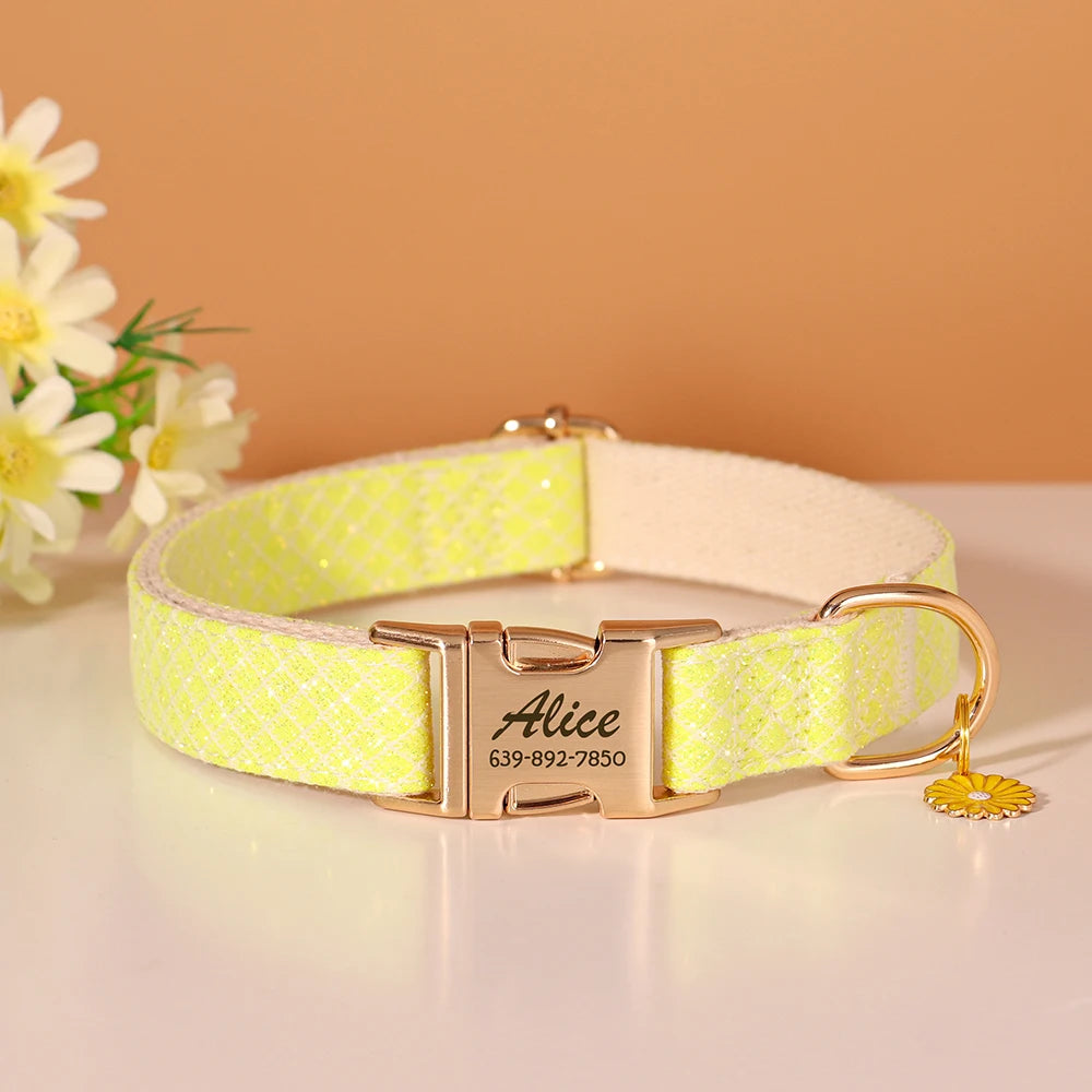 Bling Nylon Custom Dog Collar Cute Flower Tag Dog Collars Engraving Pet Name ID Buckle Necklace For Small Large Dogs Chihuahua