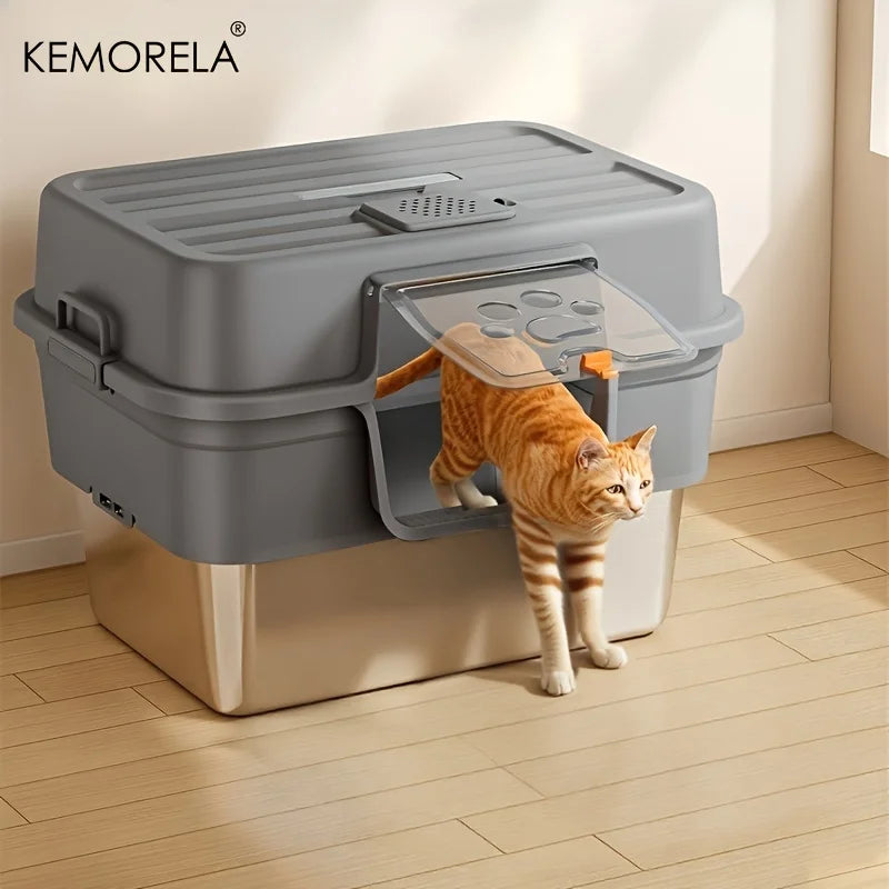 XL Enclosed Cat Litter Box with Stainless Steel Base, Odor Control & Anti-Splash, Easy Clean Removable Top for Large Breed Cats