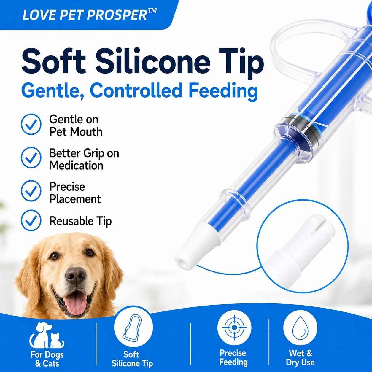 LOVE PET PROSPER Pet Pill Feeder for Dogs & Cats, Reusable Pet Medicine Syringe with 2 Soft Silicone Tips, Easy Pill Dispenser for Tablets, Capsules & Liquids, Mess-Free Oral Medication Feeding Tool