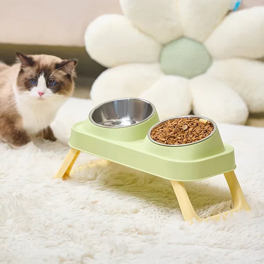 Stainless Steel Foldable Pet Bowl Double Dish - Elevated Feeder with Neck Support Anti-Tip Design for Cats Dogs - Bdba PK