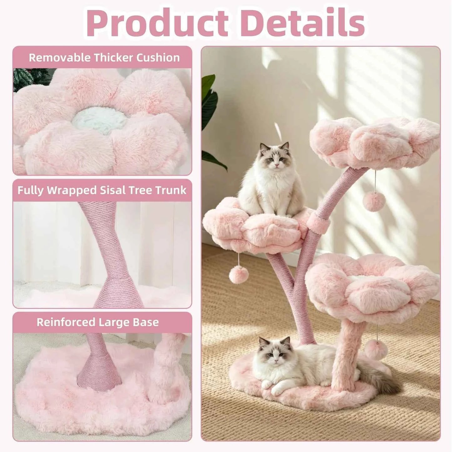 105cm Tall Cat Tree Pink Vertical Cat Tower Activity Center for Cats Cushioned Flower Platforms, Dangling Ball Scratching Posts Pet House Furniture