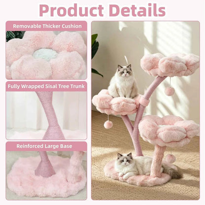 105cm Tall Cat Tree Pink Vertical Cat Tower Activity Center for Cats Cushioned Flower Platforms, Dangling Ball Scratching Posts Pet House Furniture