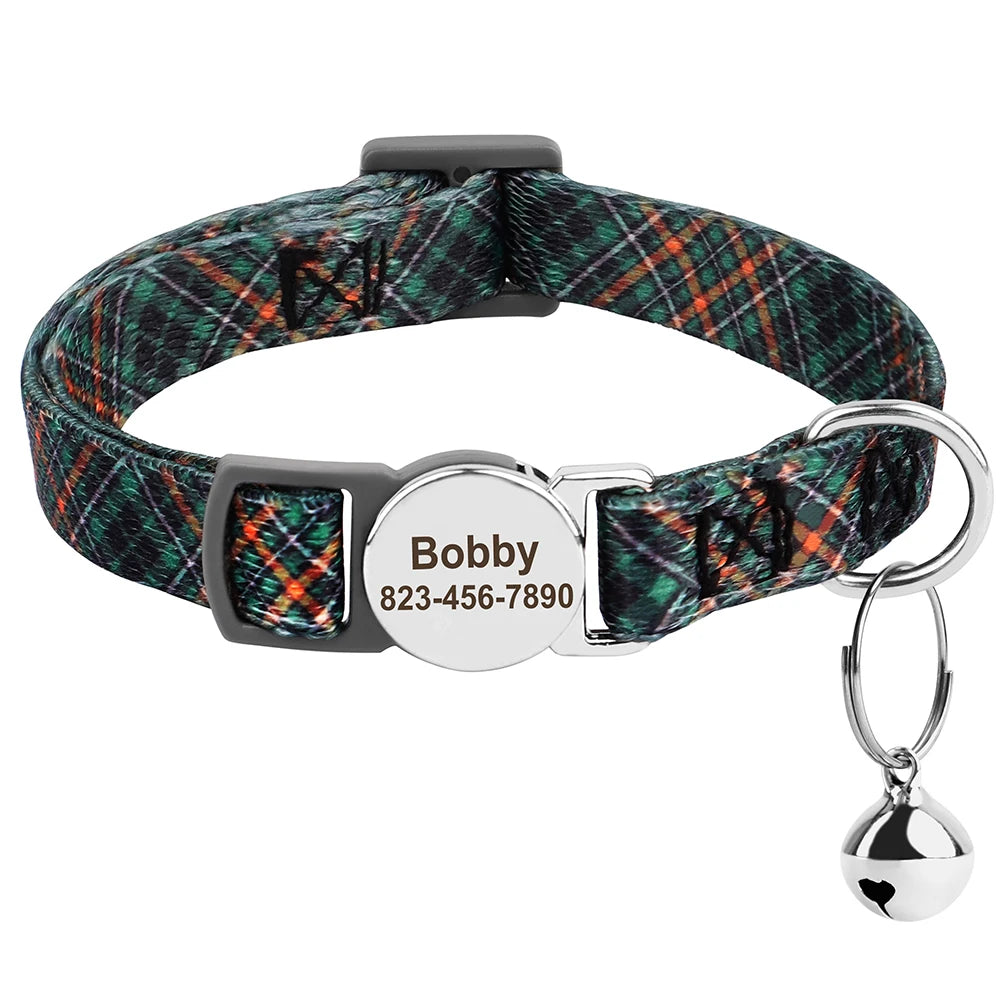 Quick-Release Personalised Nylon Cat Collar – Breakaway Kitten Necklace with Bell & Free Engraving (Red, Green, Blue) - Bdba PK