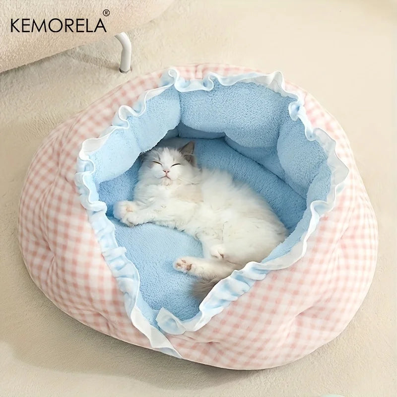 KEMORELA Cozy Semi-Closed Lace Pet Nest with Thickened Warmth, Winter Design Machine Washable, for Small Dogs & Cats,Cat Shelter