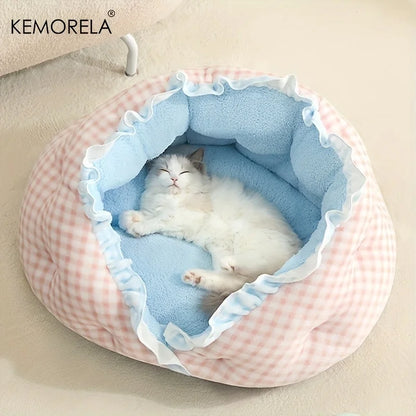 KEMORELA Cozy Semi-Closed Lace Pet Nest with Thickened Warmth, Winter Design Machine Washable, for Small Dogs & Cats,Cat Shelter