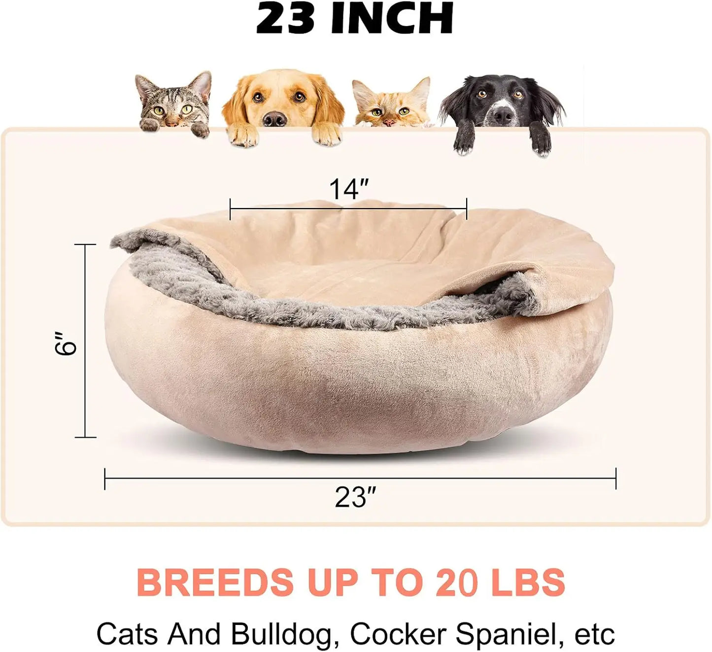 23" Donut Pet Bed with Hooded Blanket, Anti-Anxiety Burrow Cave, Cozy Machine Washable, for Small Dogs & Cats up to 20lbs