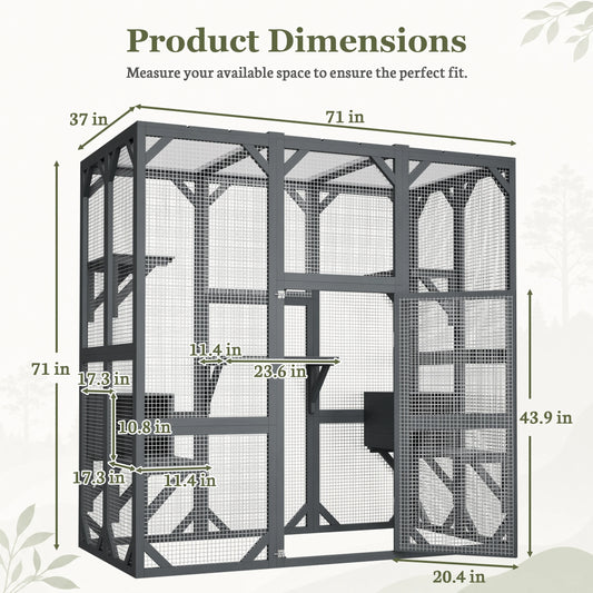 Large Wooden Catio Outdoor Cat Enclosure Walk-in Cat House with Platforms & Rest Box Weatherproof Cat Cage for Multiple Cats