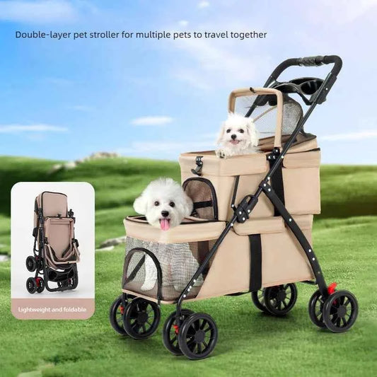 Double Decker Pet Stroller for 2 Dogs Cats, Lightweight Foldable Travel Carrier, Detachable Upper/Lower Pet Trolley for Outdoor